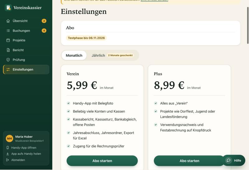 Einstellungen mit den Tarifen Verein und Plus, monatlich oder jährlich