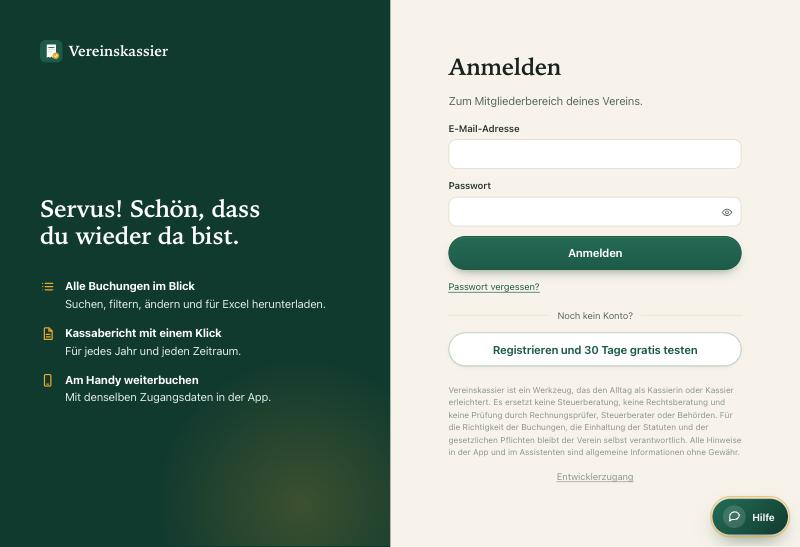Anmeldeseite mit E-Mail, Passwort, Passwort-vergessen-Link und Knopf Registrieren