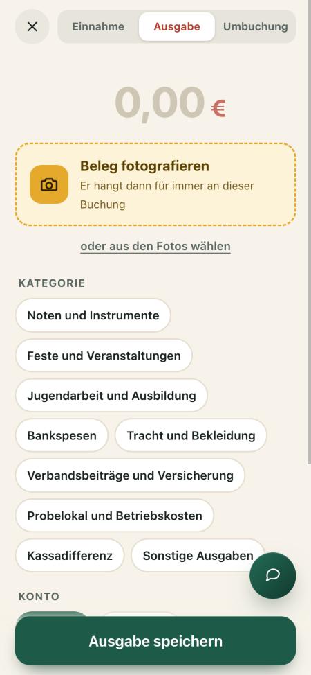 Erfassen einer Ausgabe mit Betrag, Belegfoto und Kategorien
