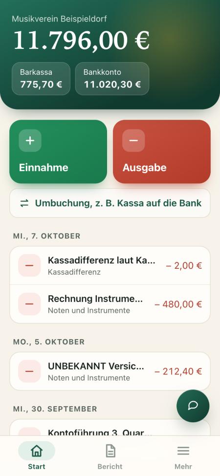 Startseite der Handy-App mit Gesamtbestand, Konten und den Knöpfen Einnahme und Ausgabe