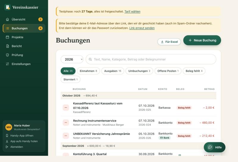 Buchungsliste mit Filterchips, Suche, Belegspalte und Beträgen