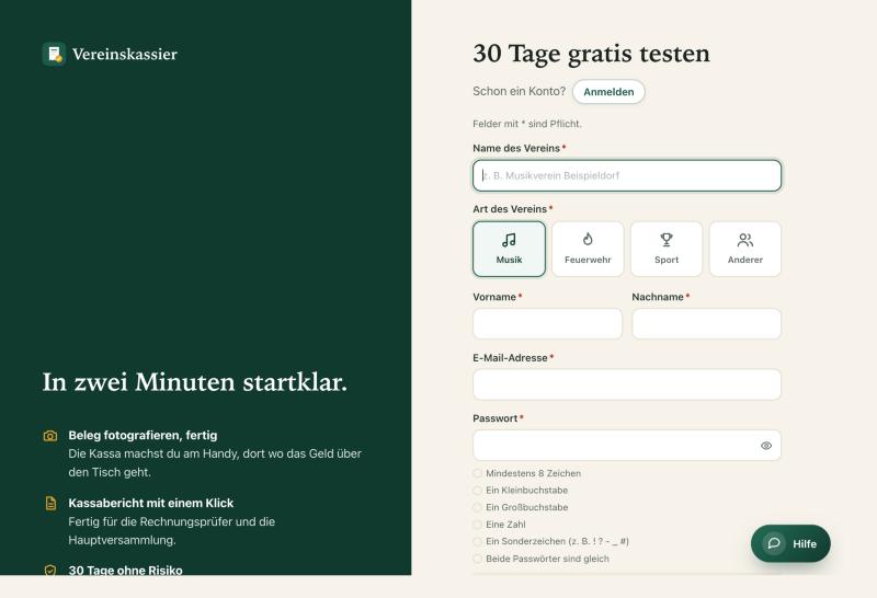Registrierungsformular mit Vereinsname, Art des Vereins, Namen, E-Mail und Passwortregeln