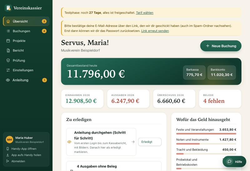 Übersicht mit Kennzahlen und der Liste Zu erledigen, oben die feste Aufgabe Anleitung durchgehen