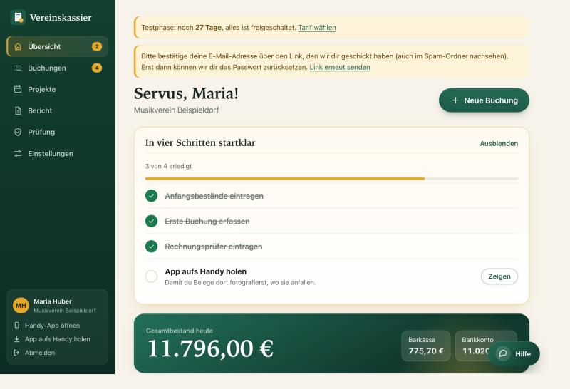Übersicht im Mitgliederbereich mit dem Kasten In vier Schritten startklar und dem Gesamtbestand